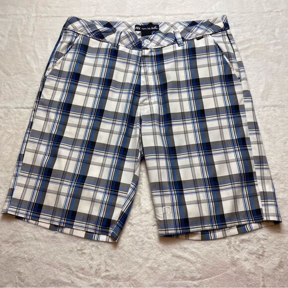 Travis Mathew Plaid White/Blue Golf Shorts Size 34 - Picture 1 of 13